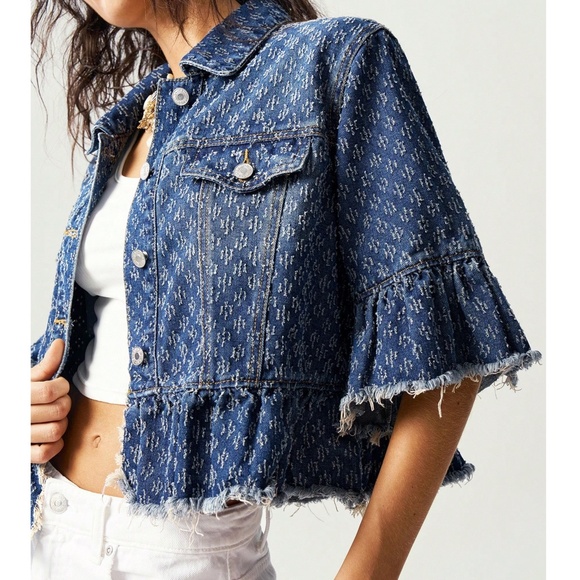 Dark Wash Button up Loose Fit Ruffle Hem Jacket - Picture 2 of 7